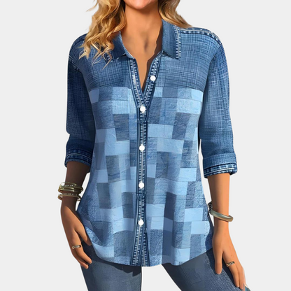 Damen Karo Bluse Langarm mit Hemdkragen und Knöpfen Beige - Norvielle