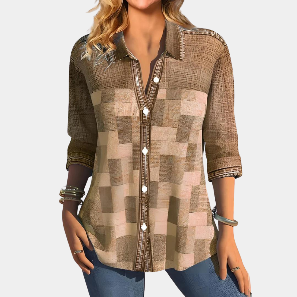 Damen Patchwork Bluse Lässig Button-Up