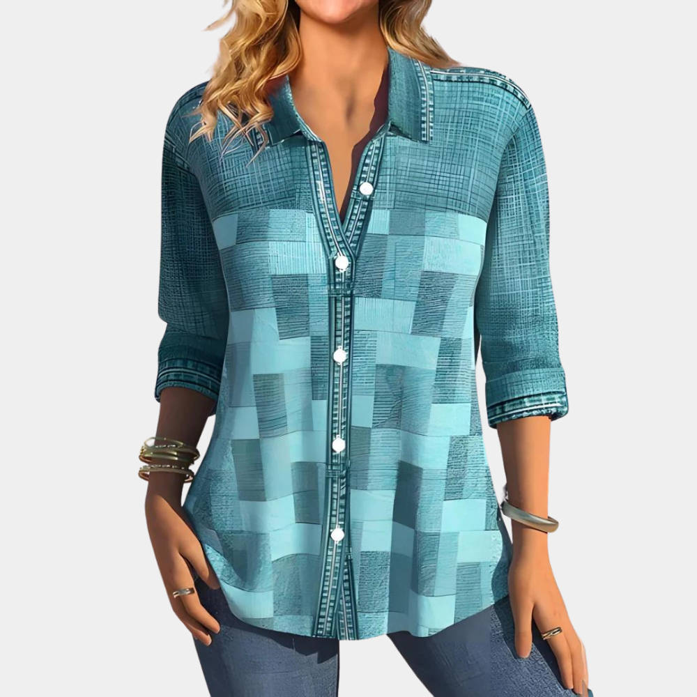 Damen Patchwork Bluse Lässig Button-Up