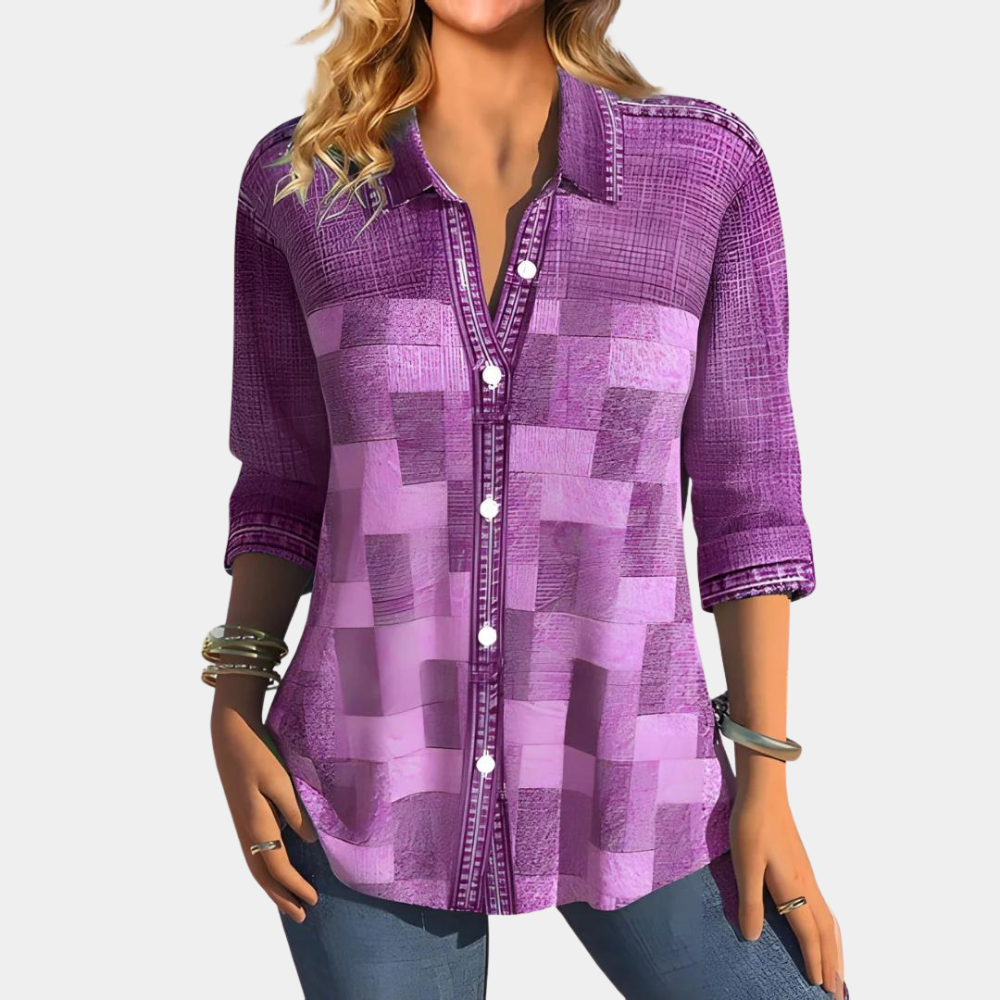 Damen Patchwork Bluse Lässig Button-Up - Norvielle