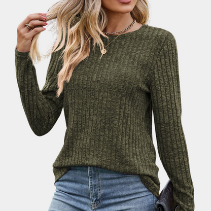 Amelisse Damen Rundhalspullover Gerippt Beige