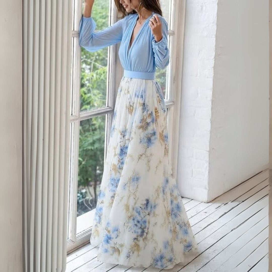 Damen Blumen Maxi Kleid V-Ausschnitt