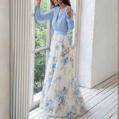 Damen Blumen Maxi Kleid V-Ausschnitt