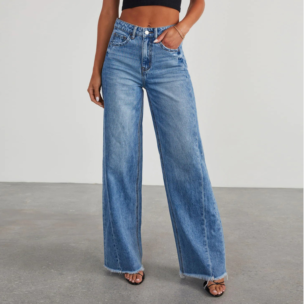 Damen Weite Geschnittene Gerade Jeans Waschblau - Norvielle