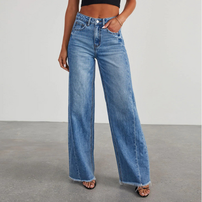 Damen Weite Geschnittene Gerade Jeans Waschblau - Norvielle