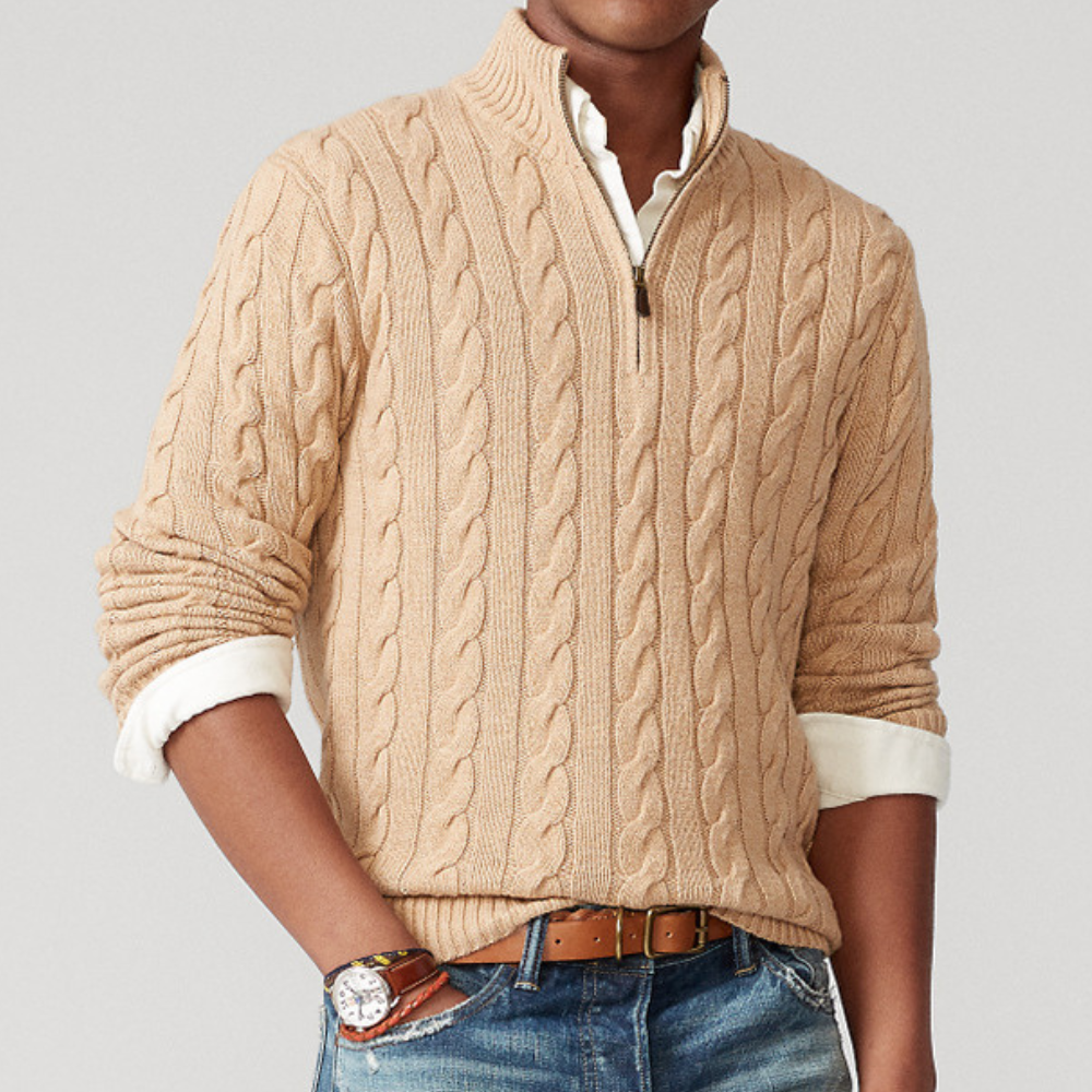 Herren Strickpullover Viertelzip Zopfmuster Beige