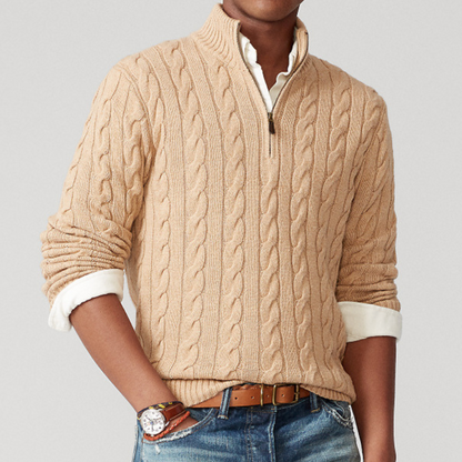 Herren Strickpullover Viertelzip Zopfmuster Beige