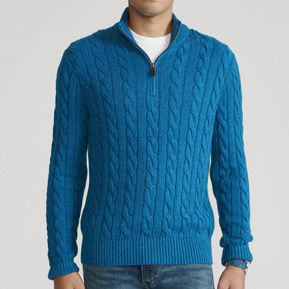 Herren Strickpullover Viertelzip Zopfmuster Beige