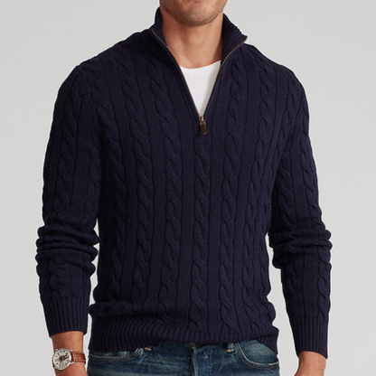 Herren Strickpullover Viertelzip Zopfmuster Beige
