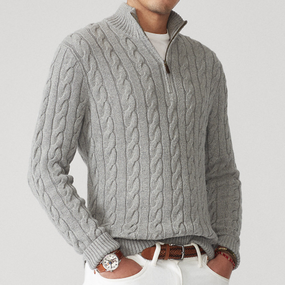 Herren Strickpullover Viertelzip Zopfmuster Beige