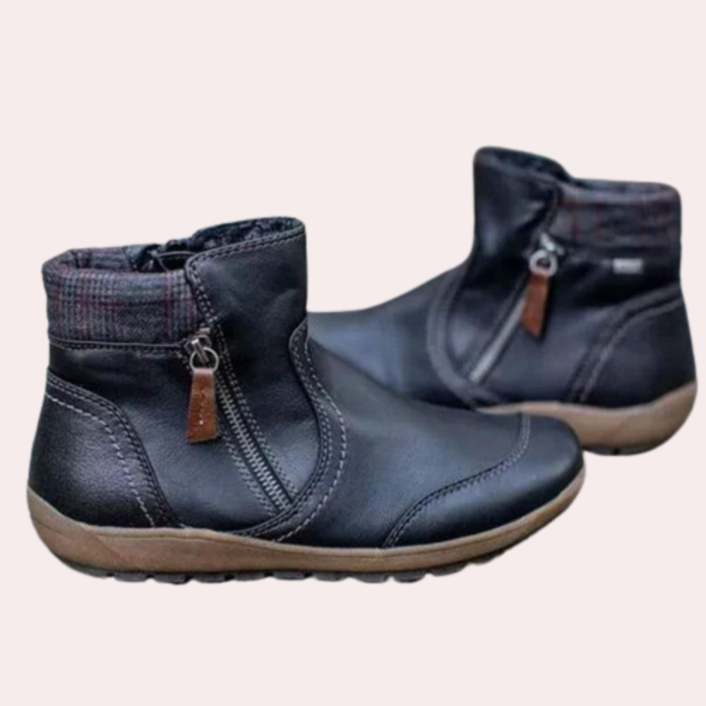 Damen Stiefeletten Echtes Leder Runde Zehe Schwarz - Norvielle