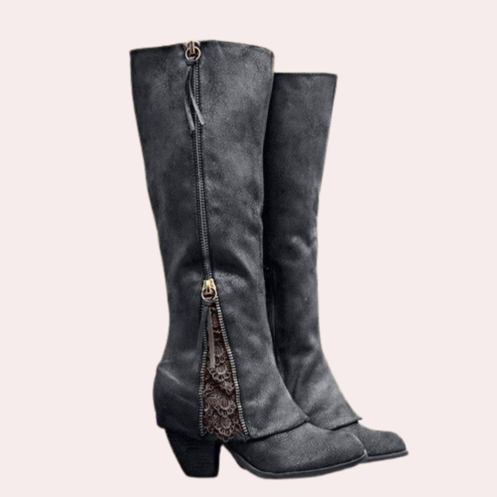 Desnia Damen Stiefel Reißverschluss Blockabsatz Western Look