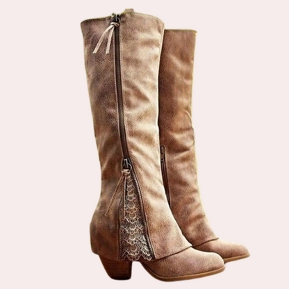 Desnia Damen Stiefel Reißverschluss Blockabsatz Western Look