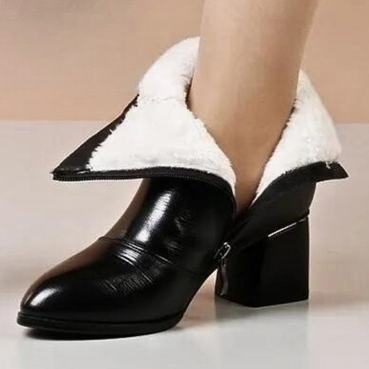 Damen Stiefeletten Strukturiertes Leder Blockabsatz Abgerundete Spitze - Norvielle