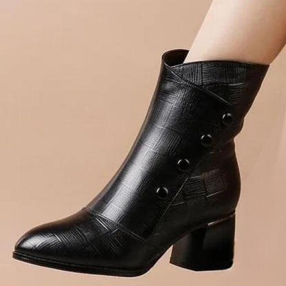 Damen Stiefeletten Strukturiertes Leder Blockabsatz Abgerundete Spitze