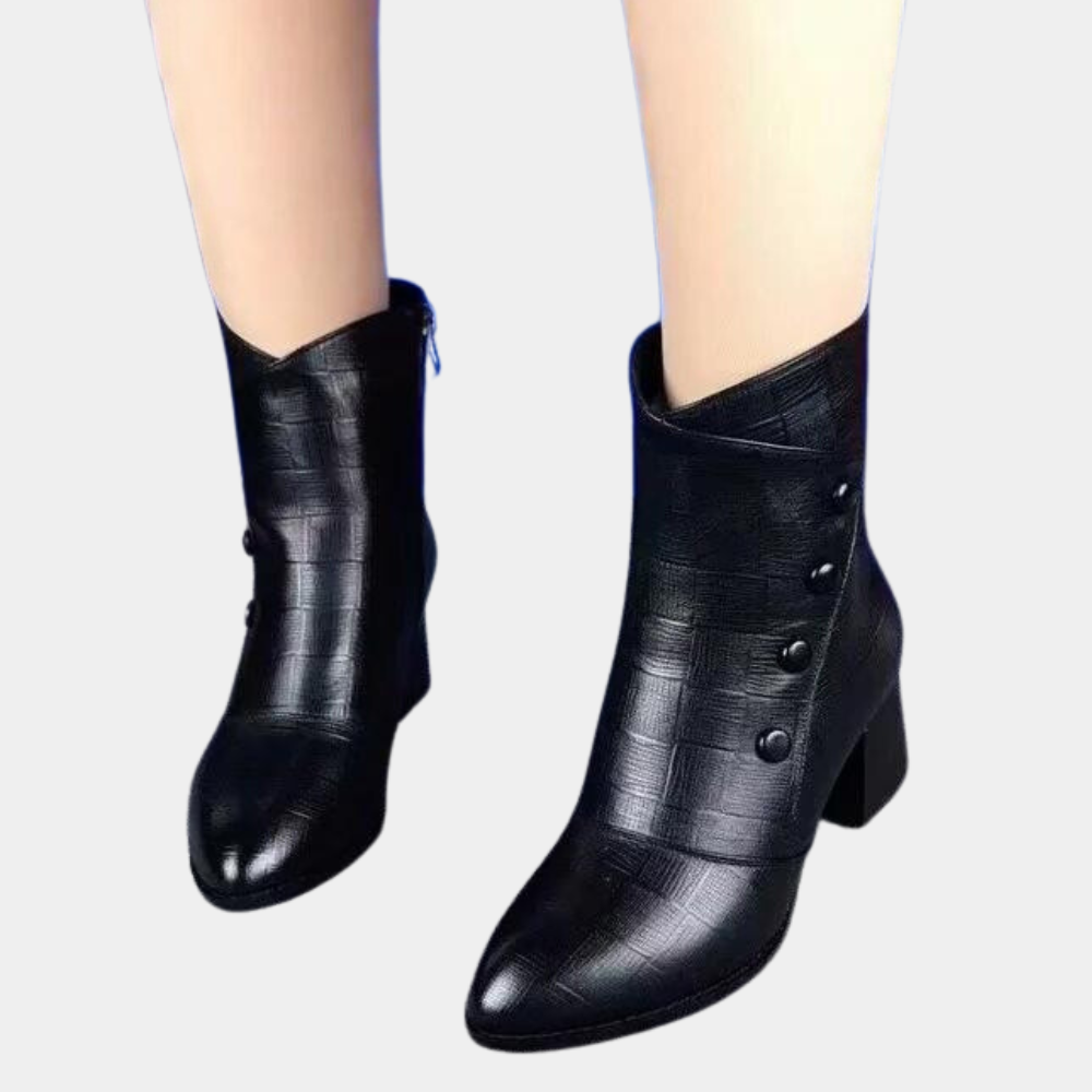 Damen Stiefeletten Strukturiertes Leder Blockabsatz Abgerundete Spitze
