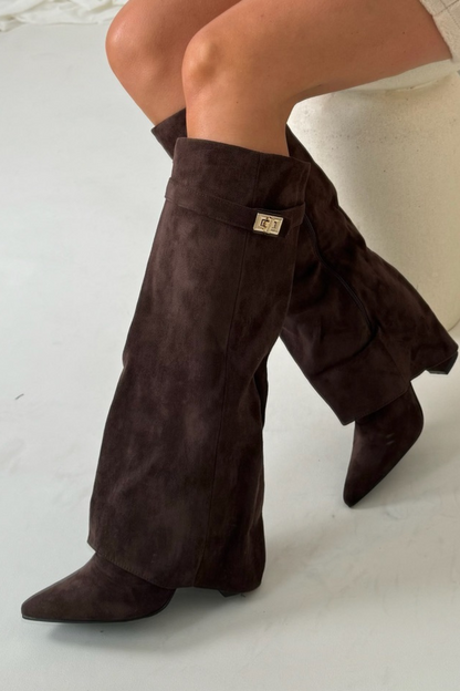 Damen Stiefel Hoch Klappe Weicher Blockabsatz