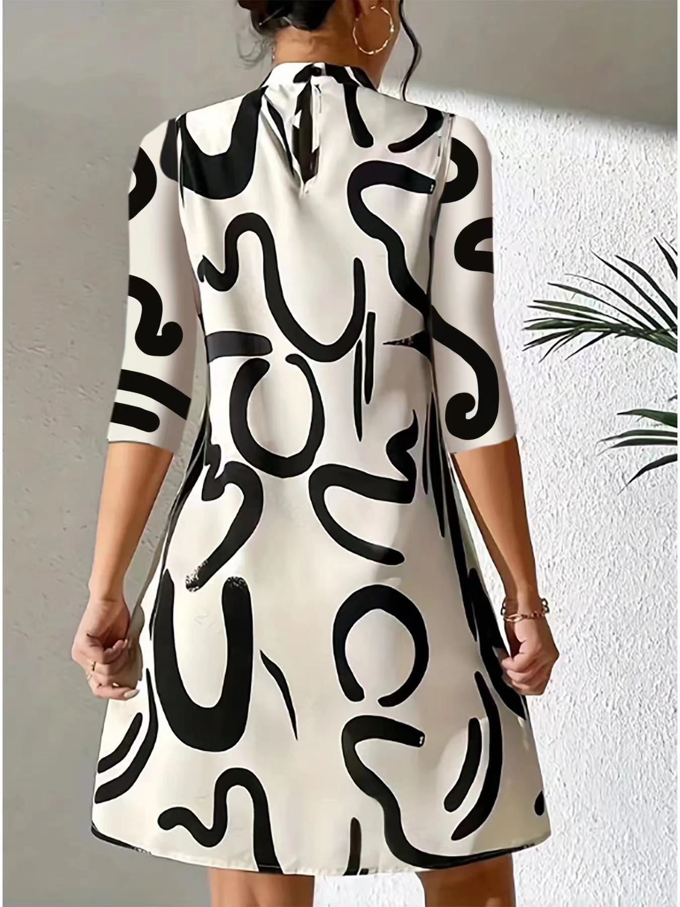 Damen Stehkragen Kleid 3/4 Ärmel Lässig