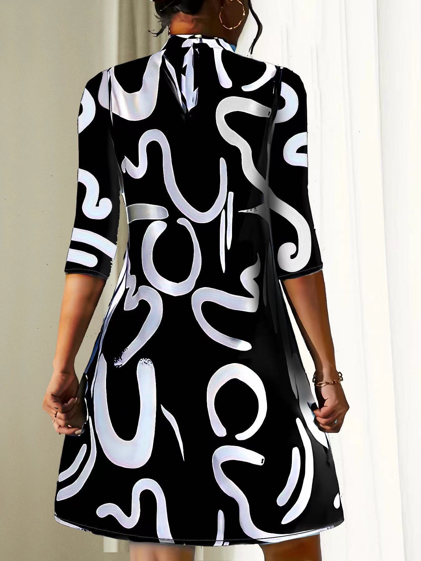 Damen Stehkragen Kleid 3/4 Ärmel Lässig
