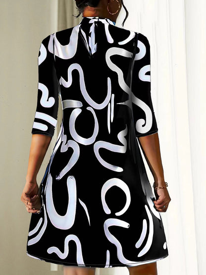 Damen Stehkragen Kleid 3/4 Ärmel Lässig