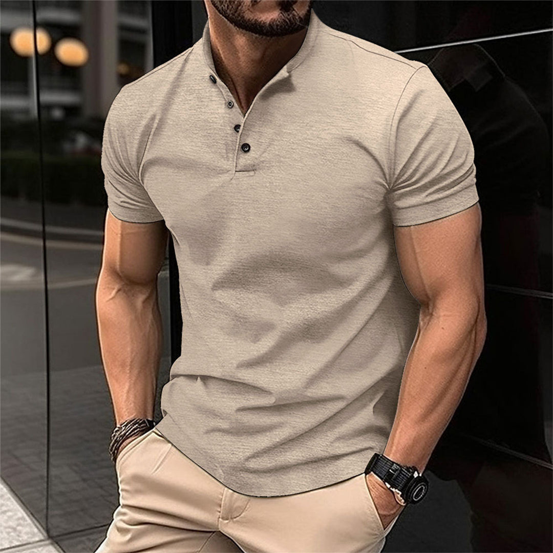 Herren Kurzarmshirt Stehkragen Knopfleiste Sommer Weiss