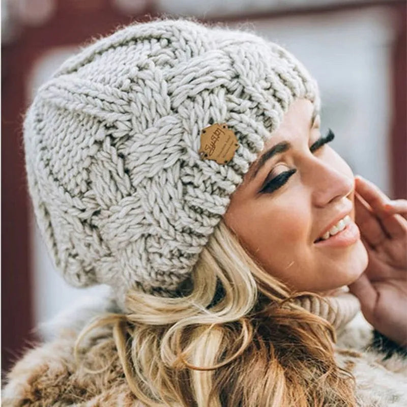 Damen Strickmütze Weich Zopfmuster Beige