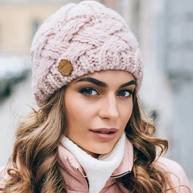 Damen Strickmütze Weich Zopfmuster Beige