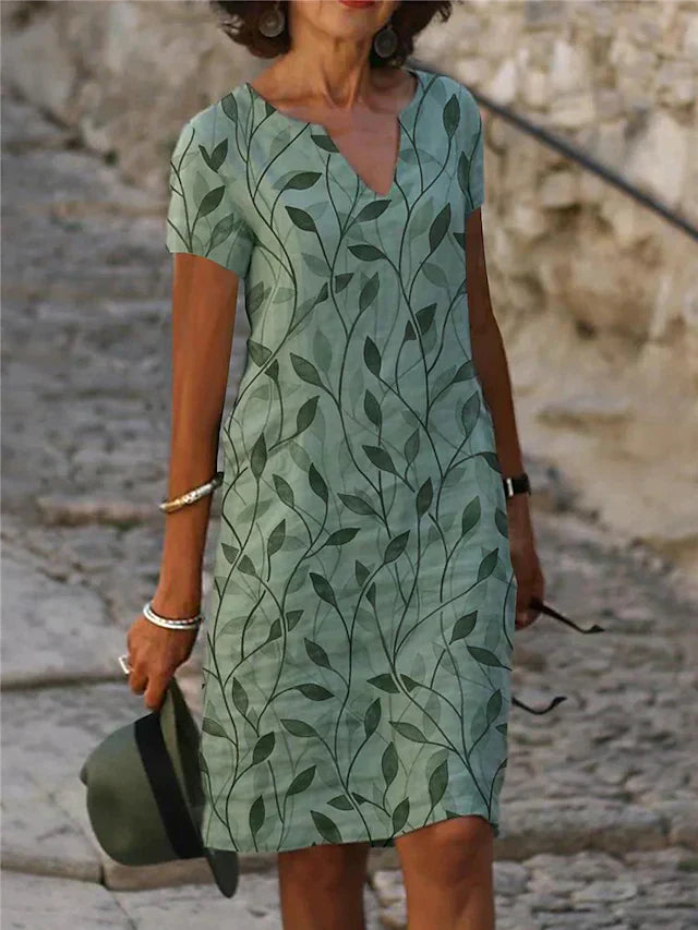 Damen Sommerkleid V-Ausschnitt Blattmuster Kurzärmelig Leicht - Norvielle