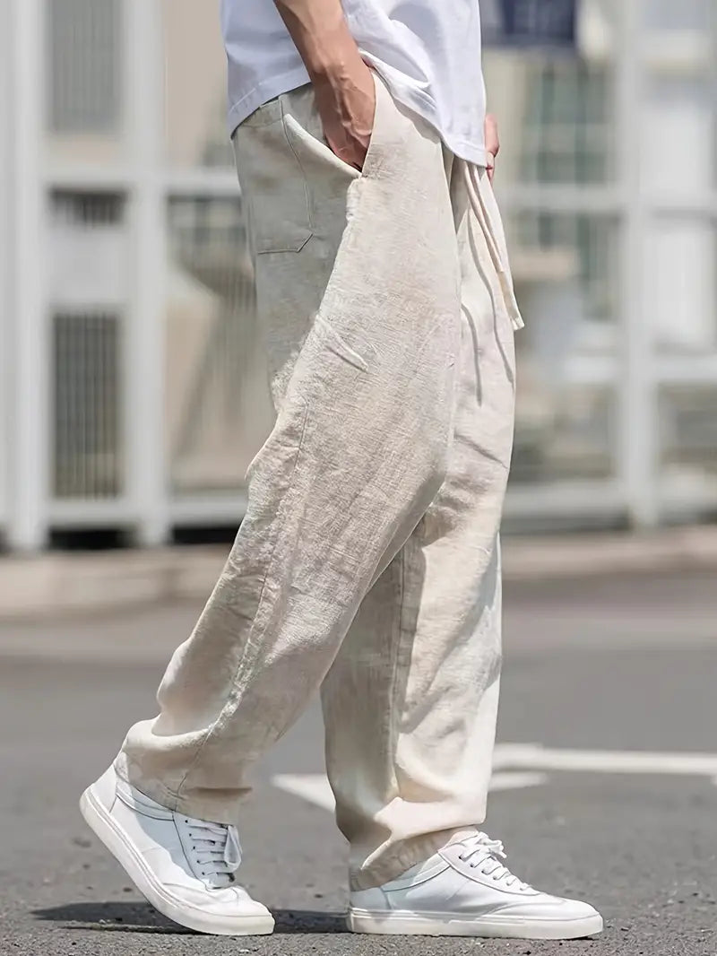 Herren Leinenhose Baggy Sommer Beige Lässig