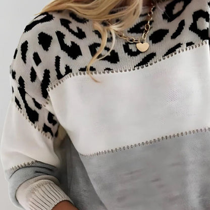Damen Strickpullover Weich Leopardenmuster Farbblock