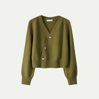 Damen Oversized Cardigan Schräg Knopf Design Beige Winter