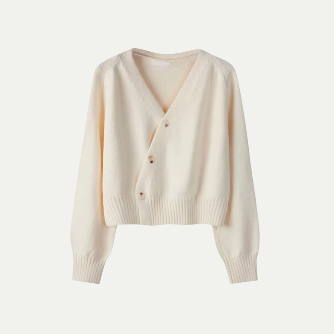 Damen Oversized Cardigan Schräg Knopf Design Beige Winter