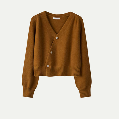 Damen Oversized Cardigan Schräg Knopf Design Beige Winter