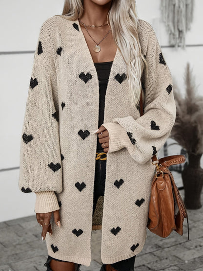 Damen Strickjacke Herzmuster Knopfverschluss Beige