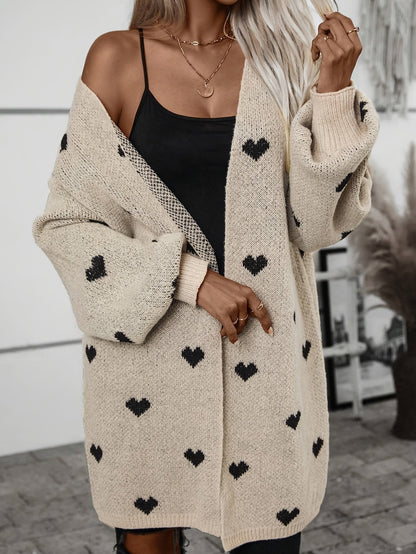Damen Strickjacke Herzmuster Knopfverschluss Beige