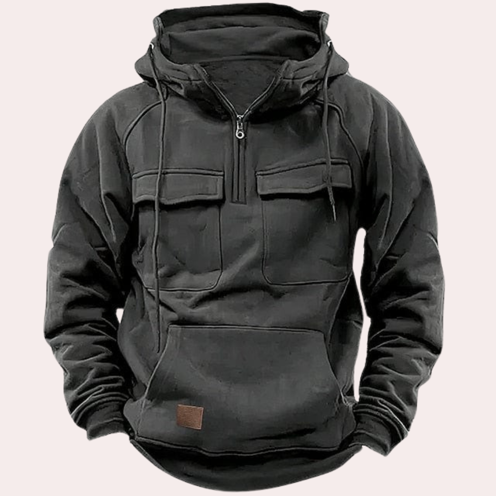 Herren Cargo Hoodie Halber Reißverschluss Taschen Schwarz - Norvielle