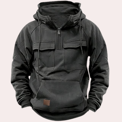Herren Cargo Hoodie Halber Reißverschluss Taschen Schwarz - Norvielle