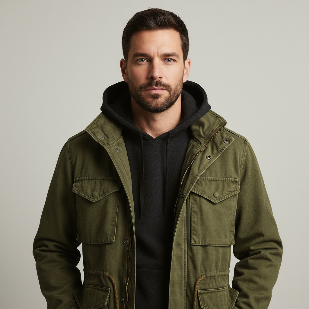 Herren Parka Jacket Kordelzug Army Style Beige - Norvielle