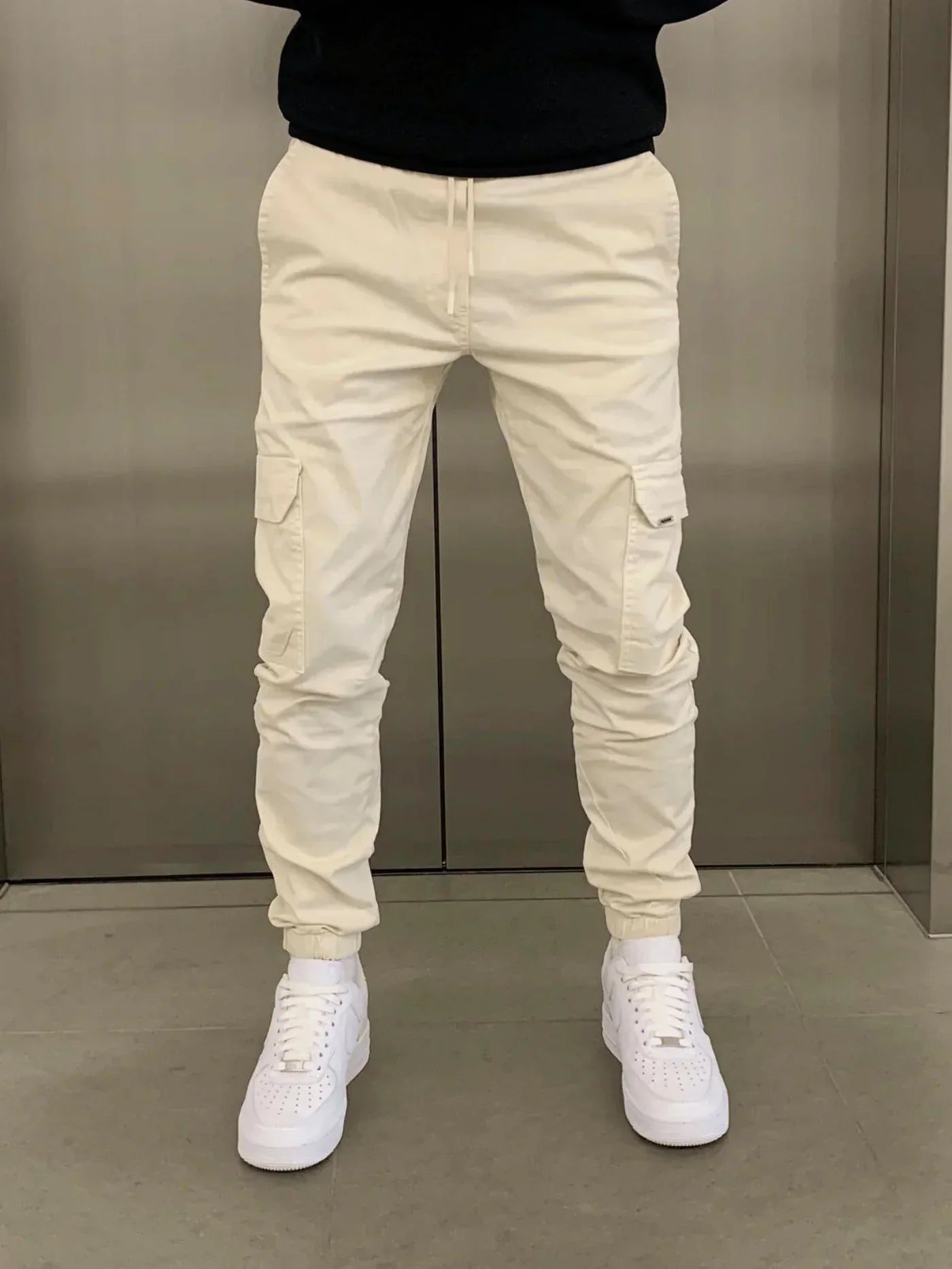 Cargo-Jogginghose – Skinny – Kordelzug – Cargohose – Herrenhose-Beige-S-Chaps Herrenmode