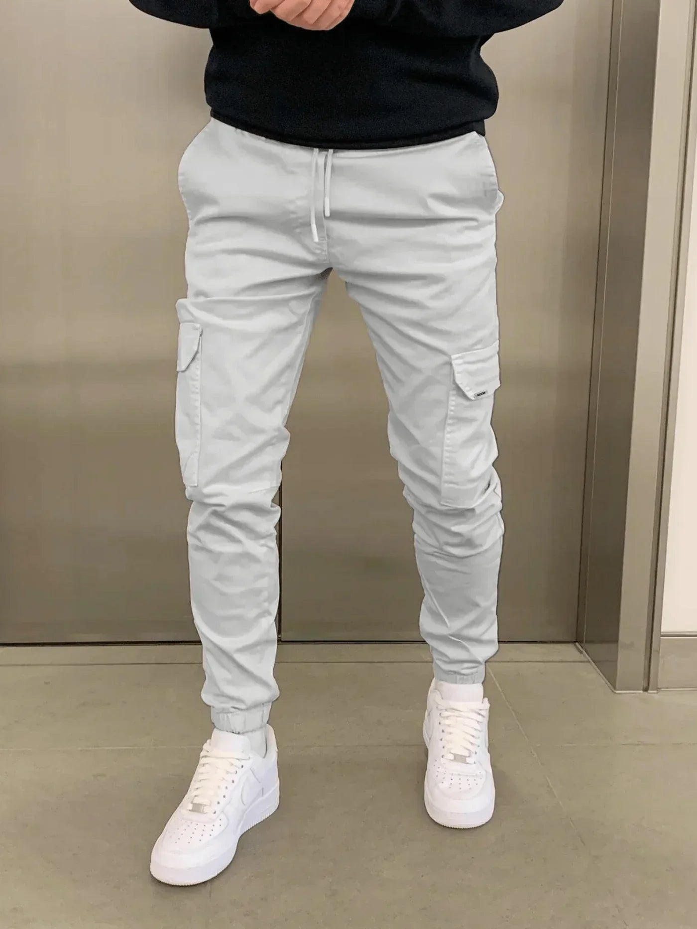 Cargo-Jogginghose – Skinny – Kordelzug – Cargohose – Herrenhose-Hellgrau-S-Chaps Herrenmode