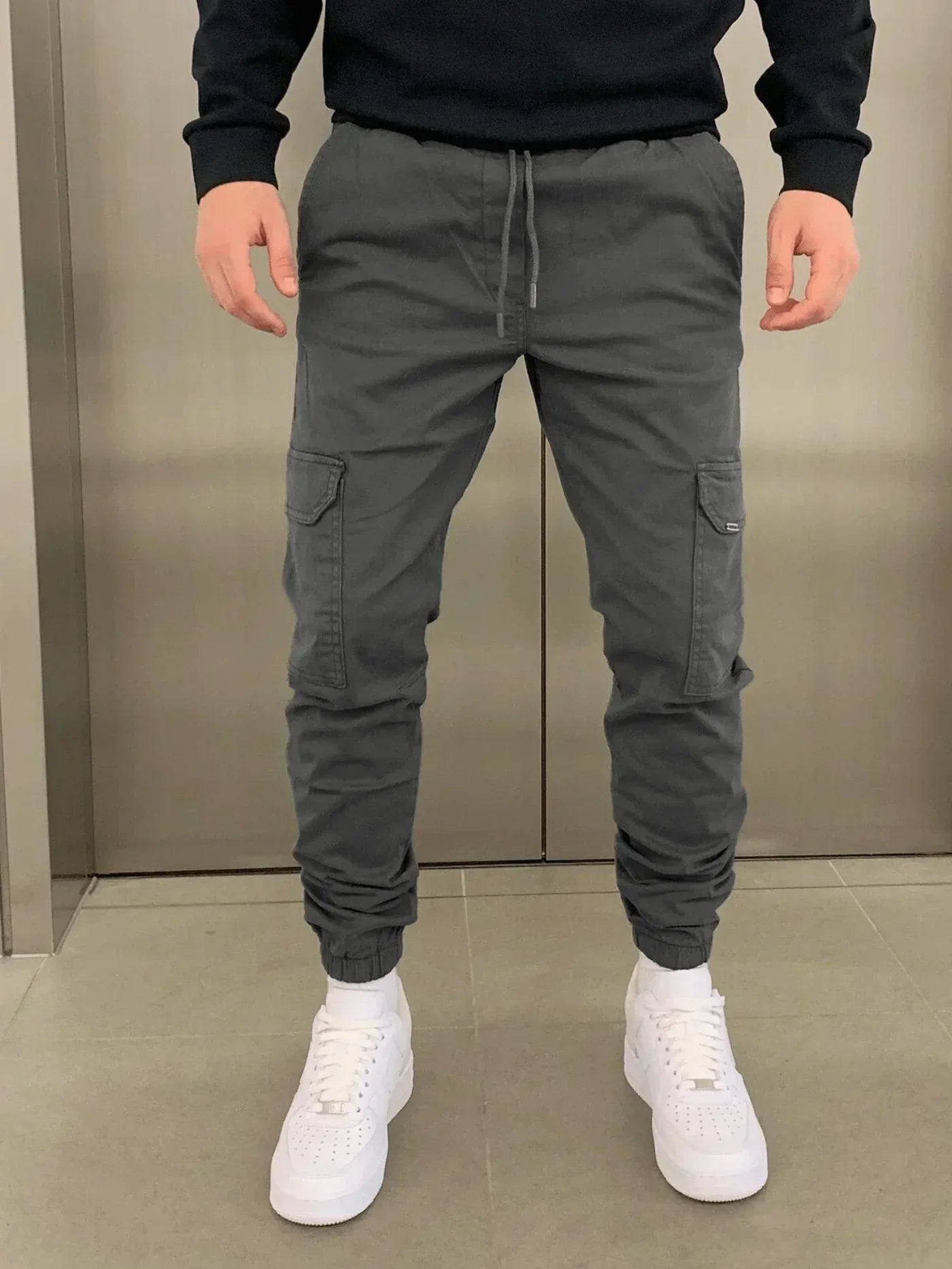 Cargohose - Herren Drawstring Skinny Cargohose-Dunkelgrau-XS | 30-Chaps Herrenmode