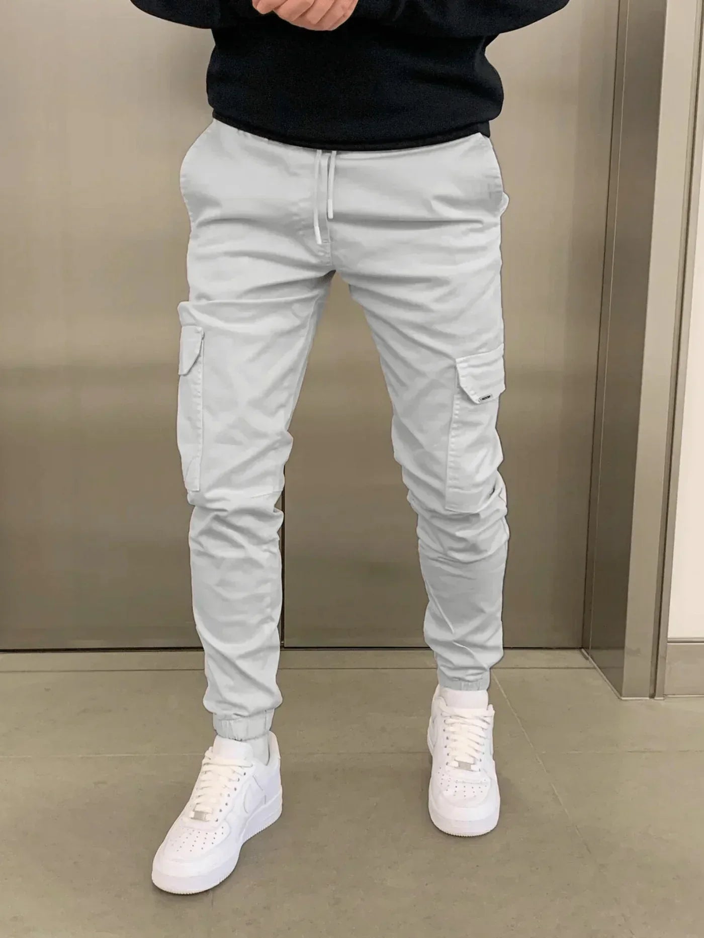 Cargohose - Herren Drawstring Skinny Cargohose-Hellgrau-XS | 30-Chaps Herrenmode