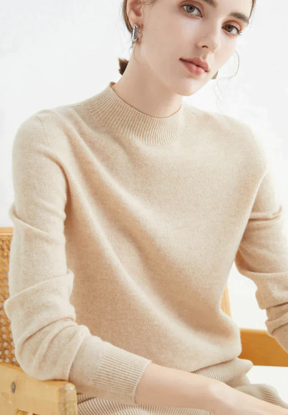 Damen Cashmere Pullover Langärmlig Gemütlich Beige