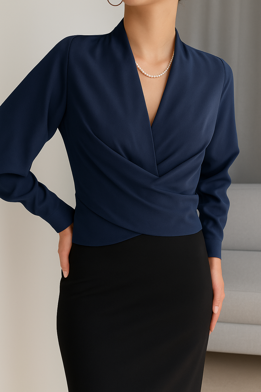 Elegante Damen Bluse V-Ausschnitt Langarm