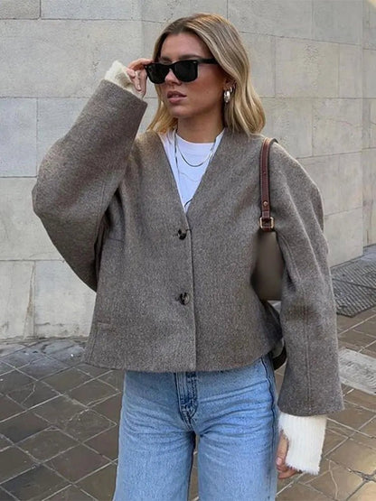 Damen Übergangsjacke Weicher Stoff Oversized Beige - Norvielle