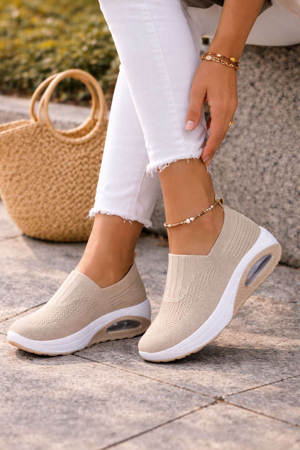 Damen Slip-On Schuhe Atmungsaktives Strick Leicht Beige - Norvielle