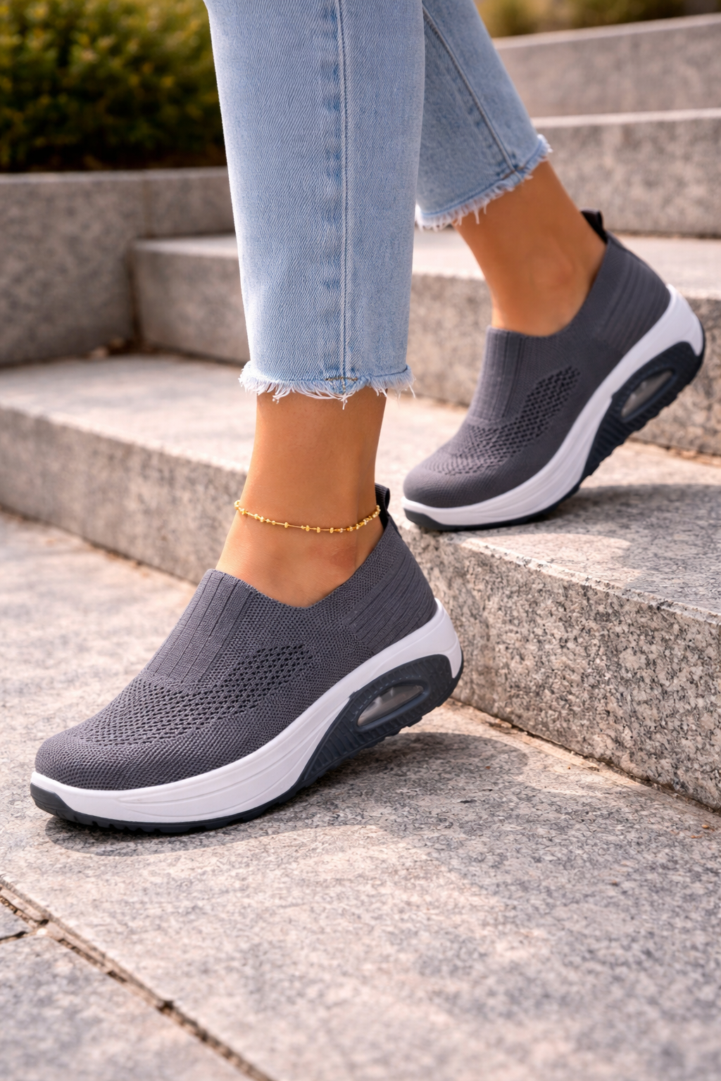 Damen Slip-On Schuhe Atmungsaktives Strick Leicht Beige
