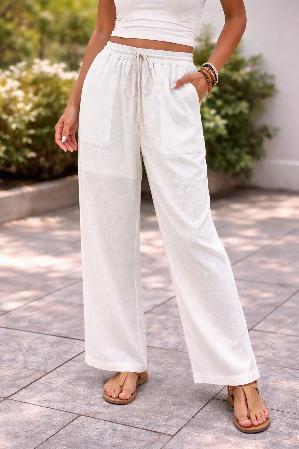 Damen Leinenhose Weites Bein Kordelzug Beige - Norvielle