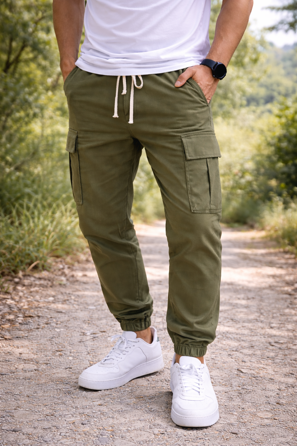 Herren Cargo Jogger Hose Baumwolle Tapered Bein mit Kordelzug Schwarz - Norvielle