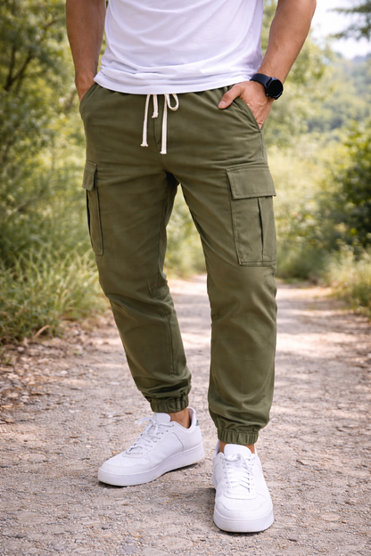 Herren Cargo Jogger Hose Baumwolle Tapered Bein mit Kordelzug Schwarz - Norvielle